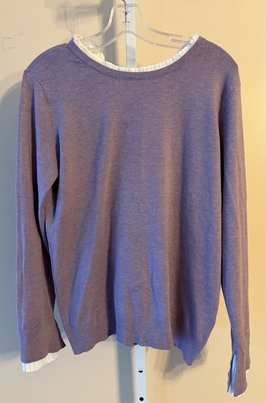 Women Vila Milano Lavender Sweater Crew White Ruffle Neck Wrist Sleeves XL Soft